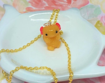 Handmade Yellow Axolotl Necklace, Polymer Clay Animal Jewelry
