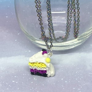 May include: A silver-toned chain necklace with a pendant shaped like a slice of cake. The cake slice features white frosting, yellow and purple layers, and a small purple and yellow decoration. The necklace is displayed in a clear glass.