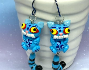 Handmade Derpy Blue Tiger Earrings, Polymer Clay Jewelry