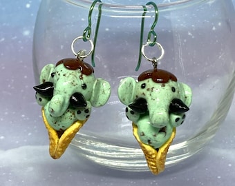 Ice Cream Earrings, Mammoths, Elephants, Animal Puns Polymer Clay, Handmade