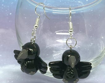 Handmade Polymer Clay Crow Earrings, Bird Jewelry