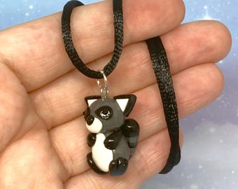 Handmade Polymer Clay Raccoon Necklace, Animal Charm Jewelry