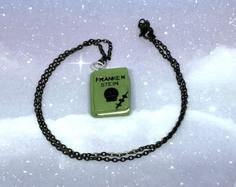 Frankenstein Necklace, Book Jewelry, Mary Shelley, Horror Lit, Handmade, Polymer Clay