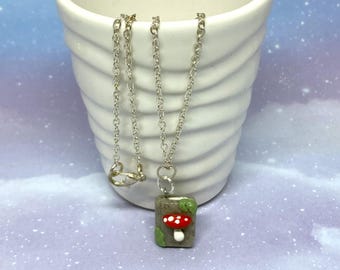 Book Necklace, Cottagecore Jewelry, Mossy Mushroom, Fungi, Handmade, Polymer Clay