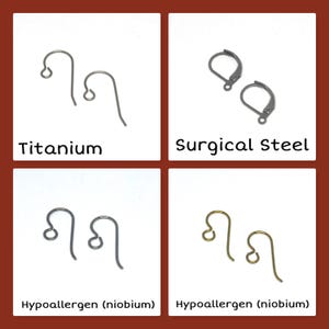 May include: A collection of earring findings, including titanium, surgical steel, and hypoallergenic niobium options. The image displays various styles of earring hooks and leverbacks, with the material type labeled below each pair.