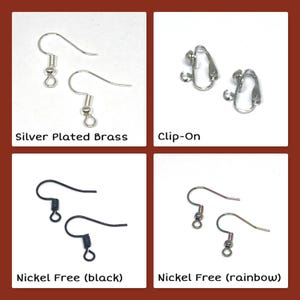 May include: A collage of earring findings, including silver-plated brass, clip-on, nickel-free black, and nickel-free rainbow options. Each type is displayed in pairs, showcasing the different styles available for jewelry making.