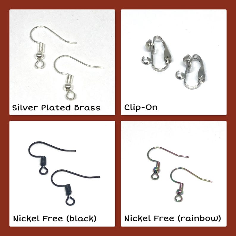 May include: A collage of earring findings, including silver-plated brass, clip-on, nickel-free black, and nickel-free rainbow options. Each type is displayed in pairs, showcasing the different styles available for jewelry making.