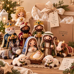 Puede incluir: Un set de nacimiento de ganchillo con María, José, el niño Jesús en un pesebre, tres reyes, un ángel, un burro, una vaca y dos ovejas. Las figuras están frente a una caja de regalo con una etiqueta que dice A Little Hope for a Brighter Tomorrow.