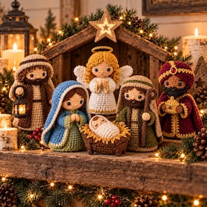 May include: A crochet nativity set featuring figures of an angel, a baby in a manger, and three figures in robes. The figures are crafted with yarn in shades of brown, blue, green, and red, with gold accents. The set is arranged in a wooden stable.
