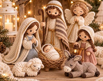 Patrón de juego de belén de ganchillo, PDF de 7 piezas de amigurumi navideño, decoración de ganchillo de María, José, Niño Jesús, Ángel, Cordero y Burro