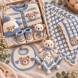 May include: A crochet baby gift set featuring a blue and white striped cardigan, a matching beanie with a pom-pom, booties, a bib, a rattle, and a security blanket, all decorated with small brown bear faces and wooden buttons.