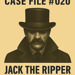 May include: Poster with the text "CHAOS HAVEN CASE FILE #020" and "JACK THE RIPPER 'LEATHER APRON'". The image features a man in a top hat and coat with a large mustache, in sepia tones.