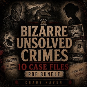 May include: A digital graphic featuring the text BIZARRE UNSOLVED CRIMES 10 CASE FILES PDF BUNDLE CHAOS HAVEN. The design includes a masked figure, a silhouette of a house, a skull, a missing person poster, and several vintage-style photographs.