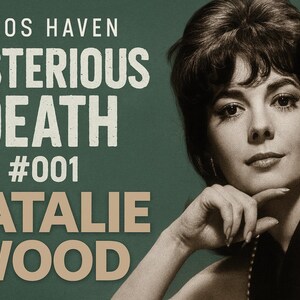 May include: Vintage-style graphic featuring the text "Chaos Haven Mysterious Death #001 Natalie Wood" in bold, stylized fonts. The image includes a sepia-toned portrait of Natalie Wood, with a pearl necklace and earrings.