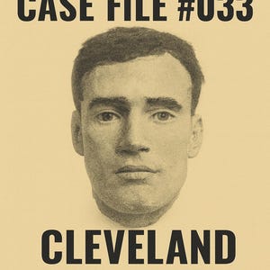 May include: A poster in a vintage style, featuring the text "CHAOS HAVEN CASE FILE #033" above a pencil sketch of a man's face. The text "CLEVELAND TORSO KILLER" is below the image in bold, black letters.