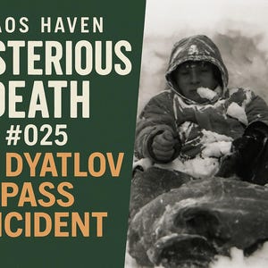 以下が含まれることがあります： 雪に覆われたフード付きジャケットを着た人物の白黒画像。雪の中に座っています。左側のテキストには「CHAOS HAVEN MYSTERIOUS DEATH #025 THE DYATLOV PASS INCIDENT」と書かれています。