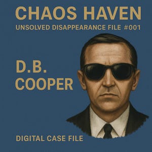 May include: Digital case file featuring a portrait of D.B. Cooper wearing sunglasses, set against a blue background. The text "CHAOS HAVEN" and "UNSOLVED DISAPPEARANCE FILE #001" are displayed at the top. The words "D.B. COOPER" are in large gold letters. "DIGITAL CASE FILE" is at the bottom.