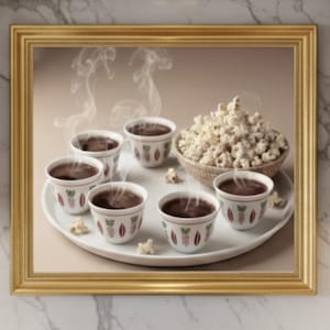 Könnte beinhalten: Gerahmtes Bild mit sechs kleinen Kaffeetassen auf einem weißen Teller, aus denen Dampf aufsteigt. Ein geflochtener Korb mit Popcorn steht neben den Tassen. Der Rahmen ist goldfarben.