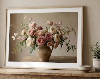 ソフトピンクの花の静物画 | 素朴な陶器の花瓶 | ヨーロッパの田園風景を描いたファインアート | ブラッシュ＆ダスティローズのウォールアート | ギャラリースタイルのプリント