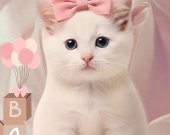 豪華な白い子猫の保育園の壁アート、エレガントな女の子の赤ちゃんの部屋の装飾、柔らかいピンクのリボンと星の水彩画プリント、かわいい猫の保育園のポスター、