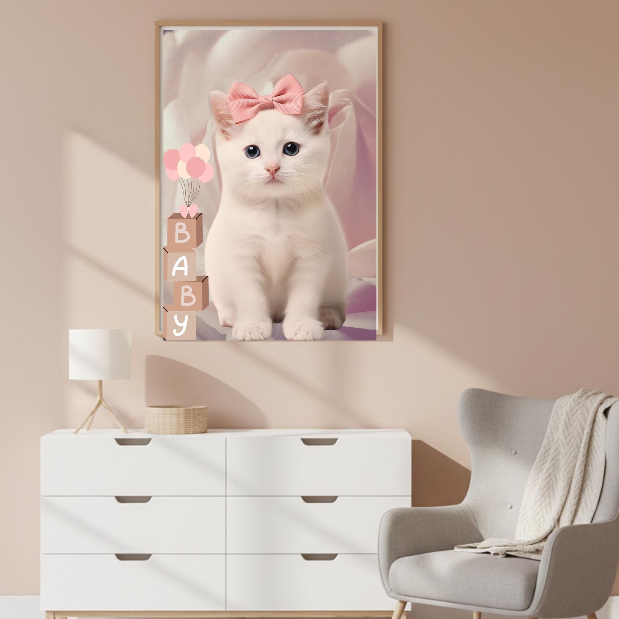 Luxury White Kitten Nursery Wall Art, Elegant Baby Girl Room Decor ...