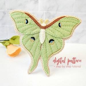 Felt Luna Moth Sewing Pattern - PDF & SVG Moth Pattern. Hand Embroidered Felt Insect. Felt Moth Sewing Tutorial. Ornament DIY Bug Hair Clip