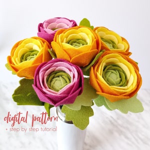 Renoncule en feutre fleur PDF & modèle SVG en téléchargement numérique, bricolage motif fleur en feutre, tutoriel bouquet de fleurs