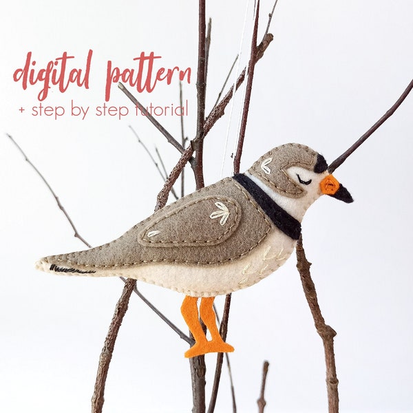 PDF Pattern - Felt Piping Plover, Felt Bird Pattern, Bird Ornament SVG, Sea Bird Doll Embroidery, Stuffed Animal Plushie Sewing Pattern