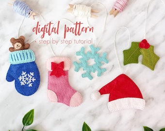 Embroidered Felt Ornaments PDF Sewing Pattern Set. DIY Christmas Decorations. Felt Stocking & Bear, Santa Hat, Mitten, Holly, Snowflake.