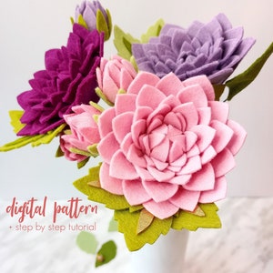 Felt Dahlia Flower PDF & SVG Pattern Digital Download, DIY Felt Flower Pattern, Flower Bouquet Tutorial, Felt Dahlia Stem Pattern