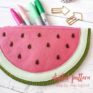 PDF Sewing Pattern - Felt Watermelon Zipper Pouch Tutorial, DIY Zip Pouch Pattern, Felt Pencil Case Sewing Tutorial, Watermelon Wallet DIY