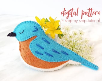 Felt Bluebird Sewing Pattern - PDF and SVG Files. Embroidered Felt Bird Ornament. Stuffed Animal DIY Tutorial