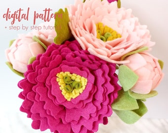 Felt Peony Pattern Digital Download SVG, PDF Felt Flower Pattern, Beginner Flower Tutorial, DIY Peony Flower Bud Pattern, Easy Felt Flowers