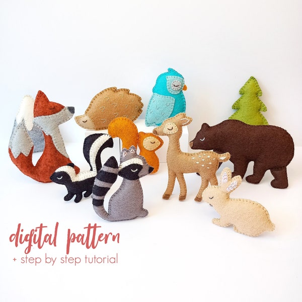 PDF & SVG Pattern Set - 11 Felt Woodland Animals, Felt Forest Animal Plushie Patterns, DIY Baby Mobile Sewing Tutorial, Soft Doll Toy