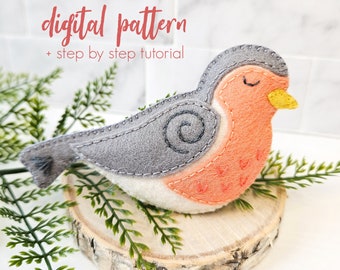 Felt Robin Sewing Pattern PDF, Felt Bird SVG Instant Download Pattern, Bird Lover Gift, Christmas Ornament, Easy Hand Sewing Bird Pattern