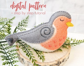 Felt Robin Sewing Pattern PDF, Felt Bird SVG Instant Download Pattern, Bird Lover Gift, Christmas Ornament, Easy Hand Sewing Bird Pattern