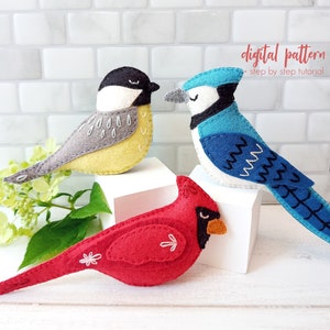 Chickadee, Blue Jay & Cardinal Felt Sewing Pattern Set. PDF Printable Bird Patterns. SVG Instant Digital Download. Set of 3 Felt Birds Decor