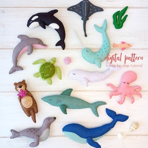 15 Felt Ocean Animal Patterns, PDF & SVG Sea Creature Patterns, Felt Animal PDF Sewing Patterns, Baby Mobile Pattern, Nautical Decor, Whale