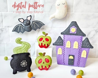 May include: Felt Halloween craft patterns for a ghost, bat, cauldron, apple, and a purple house. The patterns include a step-by-step tutorial. "Digital Pattern" and "step by step tutorial" are written on the image.