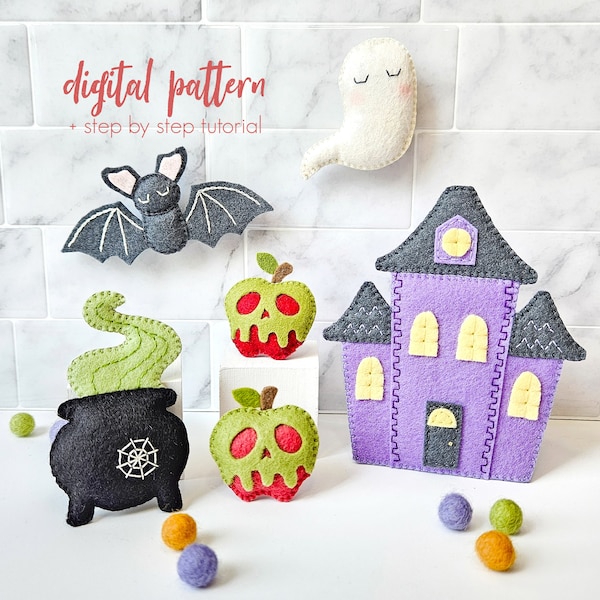 Felt Halloween Sewing Patterns - Set of 5 PDF & SVG Digital Download. Hand Sewing Tutorial. Halloween Garland Pattern. Easy Halloween Crafts