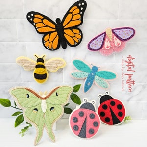 Set of 6 Felt Insects PDF Sewing Patterns, Butterfly, Moths, Bee, Dragonfly, and Ladybug. Fabric Animal Sewing Tutorial, DIY Felt Garland