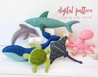 Felt Ocean Animal Patterns PDF & SVG, Sea Creatures Digital Download, Felt Baby Mobile Pattern, Sea Life Sewing Pattern, Embroidered Animals