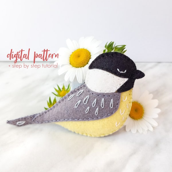 Felt Chickadee Pattern - PDF and SVG Instant Download. Embroidered Felt Bird Plushie Sewing Pattern. Stuffed Animal Ornament Tutorial
