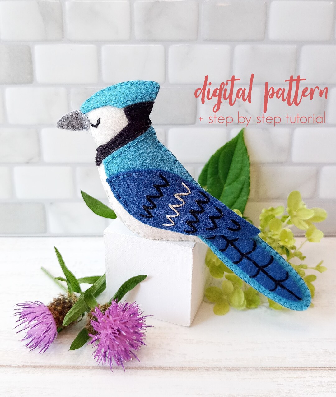 Felt Blue Jay PDF Sewing Pattern, Embroidered Bird Felt Plushie ...
