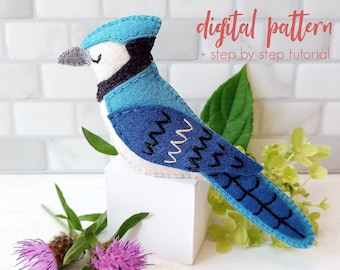 Felt Blue Jay PDF Sewing Pattern, Embroidered Bird Felt Plushie, Stuffed Ornament DIY Tutorial, Blue Jay Ornament, SVG Digital Download