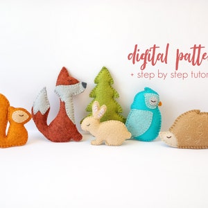 May include: A digital pattern for sewing felt woodland animal toys. The pattern includes a fox, squirrel, rabbit, owl, and hedgehog. The pattern also includes a step-by-step tutorial.