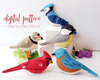 Set of 5 Felt Bird Patterns, PDF Sewing Pattern Set, Printable Chickadee Tutorial, Felt Cardinal Ornament, Embroidered Blue Jay Decor,