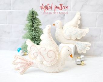 Felt Dove Sewing Pattern PDF, Easy Christmas Felt Ornament DIY, White Peace Bird SVG Download, Sewing Toy Pattern, Holiday Craft Tutorial