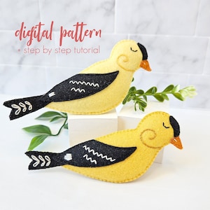 Felt Goldfinch PDF Pattern, American Goldfinch Sewing Pattern SVG, Felt Bird Softie Instant Download, Embroidered Yellow Bird DIY Ornament