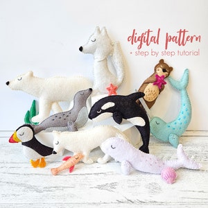 13-Piece Felt Arctic Animal PDF/SVG Pattern Set. Polar Animal Patterns. Winter Nursery Mobile. DIY Felt Orca, Sea Otter, Narwal Ornaments